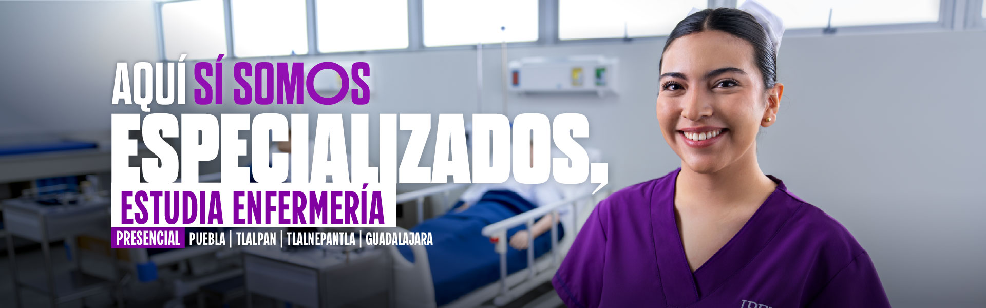 banner estudiante de la licenciatura en enfermería de ipeth sonríe en un aula clínica con camas hospitalarias y equipo médico al fondo