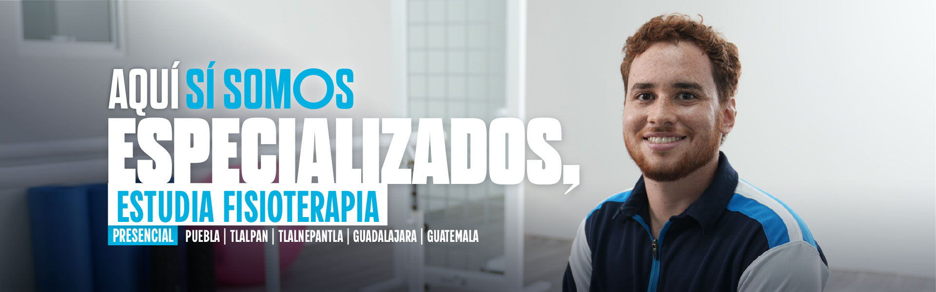 banner estudiante de la licenciatura en fisioterapia de ipeth sonríe en un área de práctica