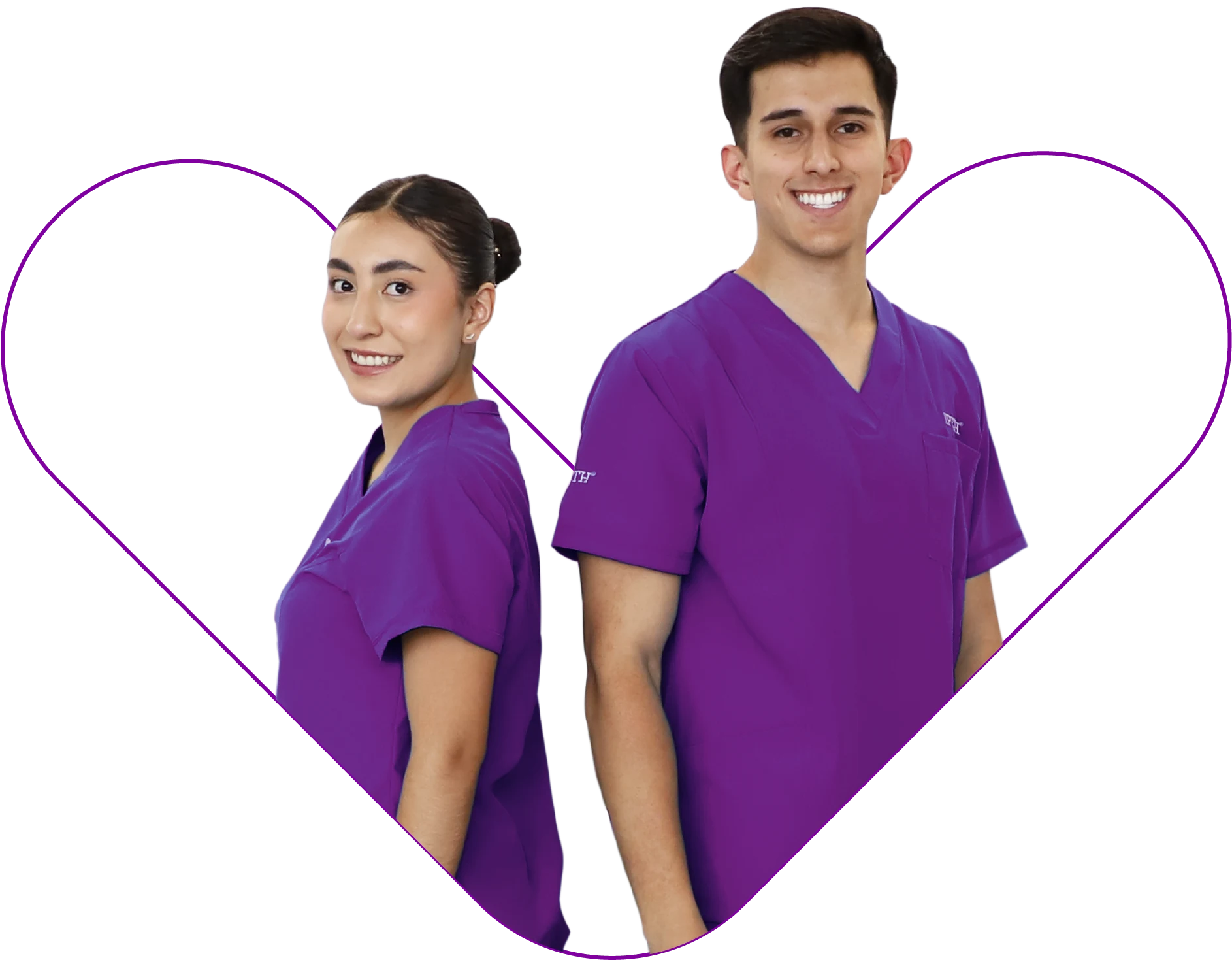 dos estudiantes de la licenciatura en enfermería de ipeth, la universidad especializada en salud, posan de pie con uniformes color morado, sonriendo y formando una silueta de corazón alrededor de ellos