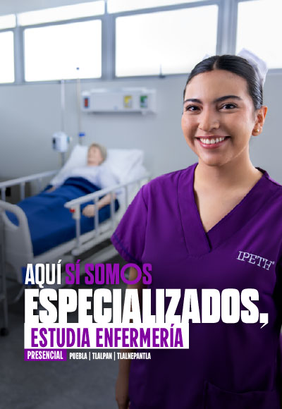 banner estudiante de la licenciatura en enfermería de ipeth sonríe en un aula clínica con camas hospitalarias y equipo médico al fondo