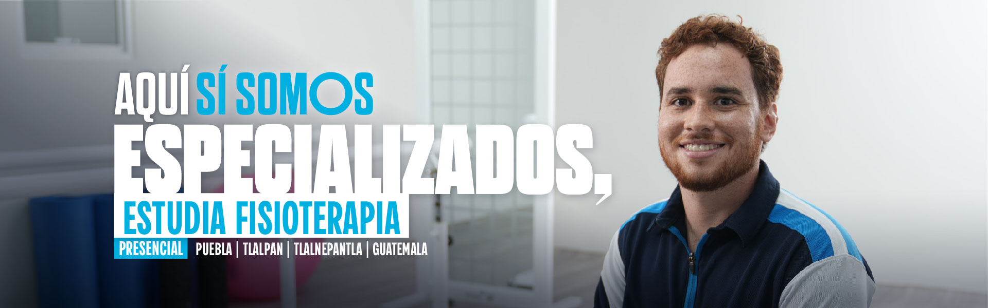 banner estudiante de la licenciatura en fisioterapia de ipeth sonríe en un área de práctica